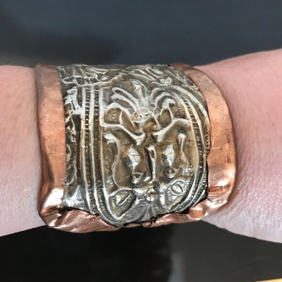 Antique Victorian Sterling Silver Green Man Copper Cuff 925 Bracelet Art nouveau - Picture 8 of 8